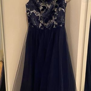 Formal navy dress with tulle bottom, detailed top